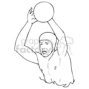 The clipart image showcases a line drawing of a water polo player who is in the action of throwing a water polo ball. The athlete is depicted wearing a water polo cap, which typically features ear protectors, and seems to be engaged in a game. The motion suggests a dynamic play, often seen during a competitive match.