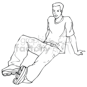 The clipart image depicts a person sitting on the ground wearing roller blades. The individual appears to be male, dressed in casual attire with a T-shirt and pants. The roller blades are visible on his feet, and he seems to be taking a break or sitting down after rollerblading.