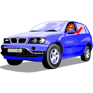 This is a clipart image of a small, blue car with a person inside waving. The car is stylized with bold outlines and has details such as headlights, wheels, and side mirrors. It appears to be a generic representation of a compact SUV.