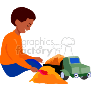 The clipart image shows a young boy sitting and playing in the sand with a toy construction dump truck. The boy appears to be of African-American descent. He is wearing an orange shirt and blue pants, and is interacting with the sand pile using a red tool. The toy truck is styled in the likeness of heavy construction equipment, typically used for hauling materials at construction sites.