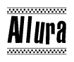 The image is a black and white clipart of the text Allura in a bold, italicized font. The text is bordered by a dotted line on the top and bottom, and there are checkered flags positioned at both ends of the text, usually associated with racing or finishing lines.
