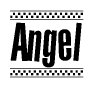 The clipart image displays the text Angel in a bold, stylized font. It is enclosed in a rectangular border with a checkerboard pattern running below and above the text, similar to a finish line in racing. 