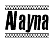 The image is a black and white clipart of the text Alayna in a bold, italicized font. The text is bordered by a dotted line on the top and bottom, and there are checkered flags positioned at both ends of the text, usually associated with racing or finishing lines.