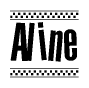 The image is a black and white clipart of the text Aline in a bold, italicized font. The text is bordered by a dotted line on the top and bottom, and there are checkered flags positioned at both ends of the text, usually associated with racing or finishing lines.