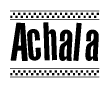 The clipart image displays the text Achala in a bold, stylized font. It is enclosed in a rectangular border with a checkerboard pattern running below and above the text, similar to a finish line in racing. 