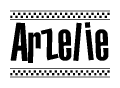 The image is a black and white clipart of the text Arzelie in a bold, italicized font. The text is bordered by a dotted line on the top and bottom, and there are checkered flags positioned at both ends of the text, usually associated with racing or finishing lines.