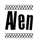 The image is a black and white clipart of the text Alen in a bold, italicized font. The text is bordered by a dotted line on the top and bottom, and there are checkered flags positioned at both ends of the text, usually associated with racing or finishing lines.