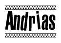 The image contains the text Andrias in a bold, stylized font, with a checkered flag pattern bordering the top and bottom of the text.