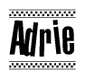 The image is a black and white clipart of the text Adrie in a bold, italicized font. The text is bordered by a dotted line on the top and bottom, and there are checkered flags positioned at both ends of the text, usually associated with racing or finishing lines.