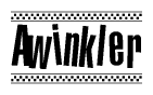 The image is a black and white clipart of the text Awinkler in a bold, italicized font. The text is bordered by a dotted line on the top and bottom, and there are checkered flags positioned at both ends of the text, usually associated with racing or finishing lines.