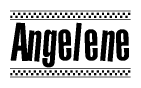 The clipart image displays the text Angelene in a bold, stylized font. It is enclosed in a rectangular border with a checkerboard pattern running below and above the text, similar to a finish line in racing. 