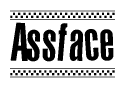 The image is a black and white clipart of the text Assface in a bold, italicized font. The text is bordered by a dotted line on the top and bottom, and there are checkered flags positioned at both ends of the text, usually associated with racing or finishing lines.