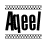 The image contains the text Aqeel in a bold, stylized font, with a checkered flag pattern bordering the top and bottom of the text.