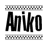 The image is a black and white clipart of the text Aniko in a bold, italicized font. The text is bordered by a dotted line on the top and bottom, and there are checkered flags positioned at both ends of the text, usually associated with racing or finishing lines.