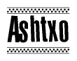 The clipart image displays the text Ashtxo in a bold, stylized font. It is enclosed in a rectangular border with a checkerboard pattern running below and above the text, similar to a finish line in racing. 