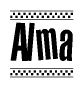 The image contains the text Alma in a bold, stylized font, with a checkered flag pattern bordering the top and bottom of the text.