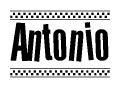 The image is a black and white clipart of the text Antonio in a bold, italicized font. The text is bordered by a dotted line on the top and bottom, and there are checkered flags positioned at both ends of the text, usually associated with racing or finishing lines.