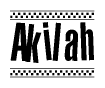 The clipart image displays the text Akilah in a bold, stylized font. It is enclosed in a rectangular border with a checkerboard pattern running below and above the text, similar to a finish line in racing. 