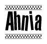 The clipart image displays the text Ahnia in a bold, stylized font. It is enclosed in a rectangular border with a checkerboard pattern running below and above the text, similar to a finish line in racing. 