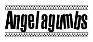 The image contains the text Angelagumbs in a bold, stylized font, with a checkered flag pattern bordering the top and bottom of the text.