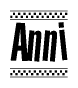 The image is a black and white clipart of the text Anni in a bold, italicized font. The text is bordered by a dotted line on the top and bottom, and there are checkered flags positioned at both ends of the text, usually associated with racing or finishing lines.