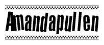 The image is a black and white clipart of the text Amandapullen in a bold, italicized font. The text is bordered by a dotted line on the top and bottom, and there are checkered flags positioned at both ends of the text, usually associated with racing or finishing lines.