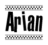 The image is a black and white clipart of the text Arian in a bold, italicized font. The text is bordered by a dotted line on the top and bottom, and there are checkered flags positioned at both ends of the text, usually associated with racing or finishing lines.
