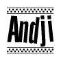 The clipart image displays the text Andji in a bold, stylized font. It is enclosed in a rectangular border with a checkerboard pattern running below and above the text, similar to a finish line in racing. 