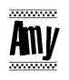 The image is a black and white clipart of the text Amy in a bold, italicized font. The text is bordered by a dotted line on the top and bottom, and there are checkered flags positioned at both ends of the text, usually associated with racing or finishing lines.