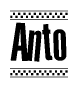 The image is a black and white clipart of the text Anto in a bold, italicized font. The text is bordered by a dotted line on the top and bottom, and there are checkered flags positioned at both ends of the text, usually associated with racing or finishing lines.