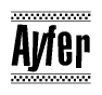 The image is a black and white clipart of the text Ayfer in a bold, italicized font. The text is bordered by a dotted line on the top and bottom, and there are checkered flags positioned at both ends of the text, usually associated with racing or finishing lines.
