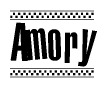 The image contains the text Amory in a bold, stylized font, with a checkered flag pattern bordering the top and bottom of the text.