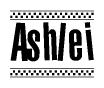 The image contains the text Ashlei in a bold, stylized font, with a checkered flag pattern bordering the top and bottom of the text.