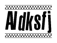 The image contains the text Aldksfj in a bold, stylized font, with a checkered flag pattern bordering the top and bottom of the text.