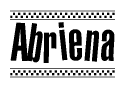 The image contains the text Abriena in a bold, stylized font, with a checkered flag pattern bordering the top and bottom of the text.