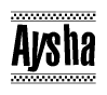 The clipart image displays the text Aysha in a bold, stylized font. It is enclosed in a rectangular border with a checkerboard pattern running below and above the text, similar to a finish line in racing. 