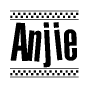 The image is a black and white clipart of the text Anjie in a bold, italicized font. The text is bordered by a dotted line on the top and bottom, and there are checkered flags positioned at both ends of the text, usually associated with racing or finishing lines.