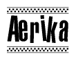 The image is a black and white clipart of the text Aerika in a bold, italicized font. The text is bordered by a dotted line on the top and bottom, and there are checkered flags positioned at both ends of the text, usually associated with racing or finishing lines.