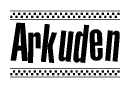 The image contains the text Arkuden in a bold, stylized font, with a checkered flag pattern bordering the top and bottom of the text.