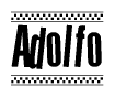 The image is a black and white clipart of the text Adolfo in a bold, italicized font. The text is bordered by a dotted line on the top and bottom, and there are checkered flags positioned at both ends of the text, usually associated with racing or finishing lines.