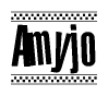 The clipart image displays the text Amyjo in a bold, stylized font. It is enclosed in a rectangular border with a checkerboard pattern running below and above the text, similar to a finish line in racing. 