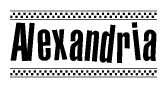 The image is a black and white clipart of the text Alexandria in a bold, italicized font. The text is bordered by a dotted line on the top and bottom, and there are checkered flags positioned at both ends of the text, usually associated with racing or finishing lines.