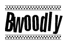 The clipart image displays the text Bwoodly in a bold, stylized font. It is enclosed in a rectangular border with a checkerboard pattern running below and above the text, similar to a finish line in racing. 