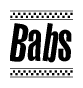 The image is a black and white clipart of the text Babs in a bold, italicized font. The text is bordered by a dotted line on the top and bottom, and there are checkered flags positioned at both ends of the text, usually associated with racing or finishing lines.