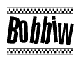The image is a black and white clipart of the text Bobbiw in a bold, italicized font. The text is bordered by a dotted line on the top and bottom, and there are checkered flags positioned at both ends of the text, usually associated with racing or finishing lines.