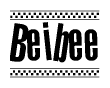The image is a black and white clipart of the text Beibee in a bold, italicized font. The text is bordered by a dotted line on the top and bottom, and there are checkered flags positioned at both ends of the text, usually associated with racing or finishing lines.