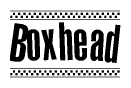 The clipart image displays the text Boxhead in a bold, stylized font. It is enclosed in a rectangular border with a checkerboard pattern running below and above the text, similar to a finish line in racing. 