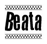 The image is a black and white clipart of the text Beata in a bold, italicized font. The text is bordered by a dotted line on the top and bottom, and there are checkered flags positioned at both ends of the text, usually associated with racing or finishing lines.