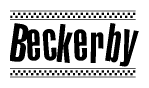The image contains the text Beckerby in a bold, stylized font, with a checkered flag pattern bordering the top and bottom of the text.