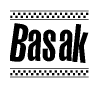 The clipart image displays the text Basak in a bold, stylized font. It is enclosed in a rectangular border with a checkerboard pattern running below and above the text, similar to a finish line in racing. 